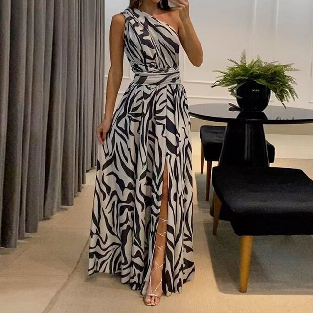 Kelsey - Zebra-Print Ein-Schulter-Maxikleid